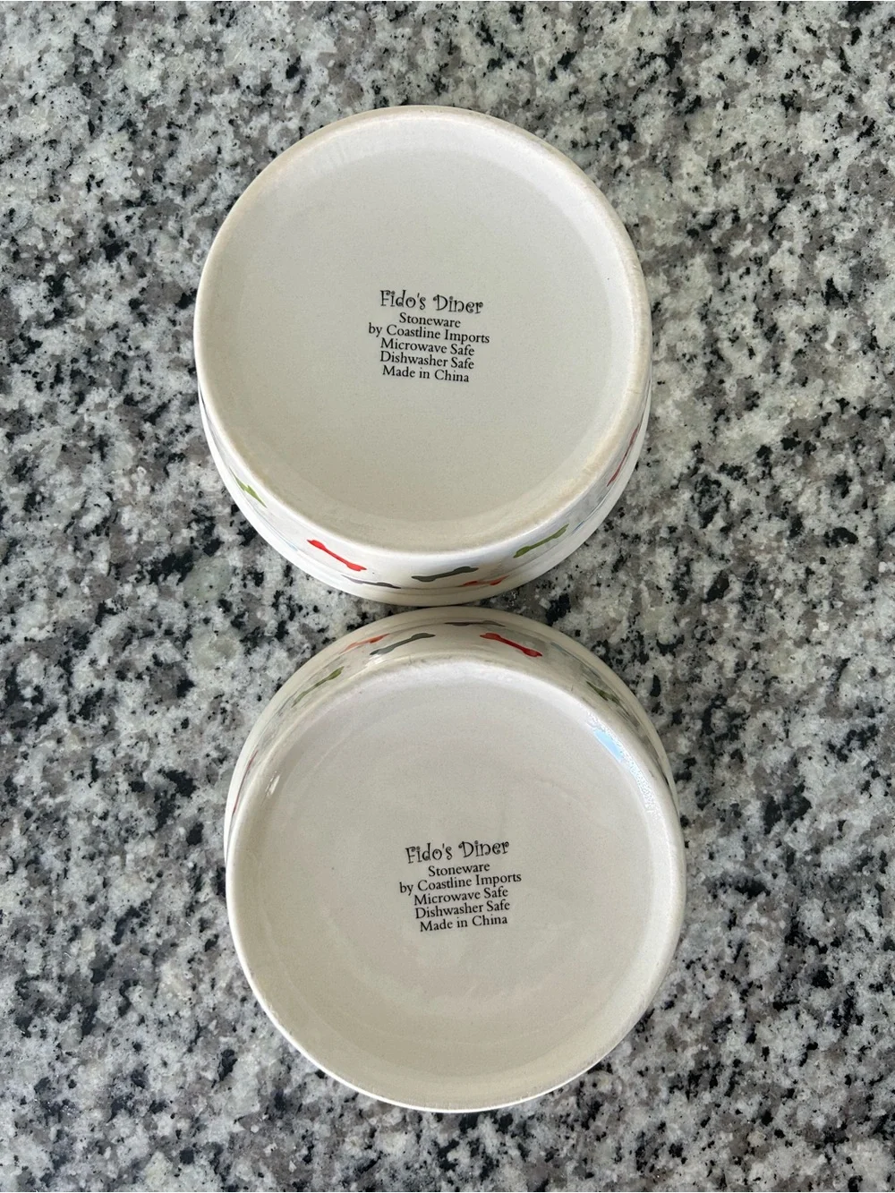 Fido’s Diner Multicolor Bone Pattern Ceramic Pet Bowls - Set of 2. NWOT